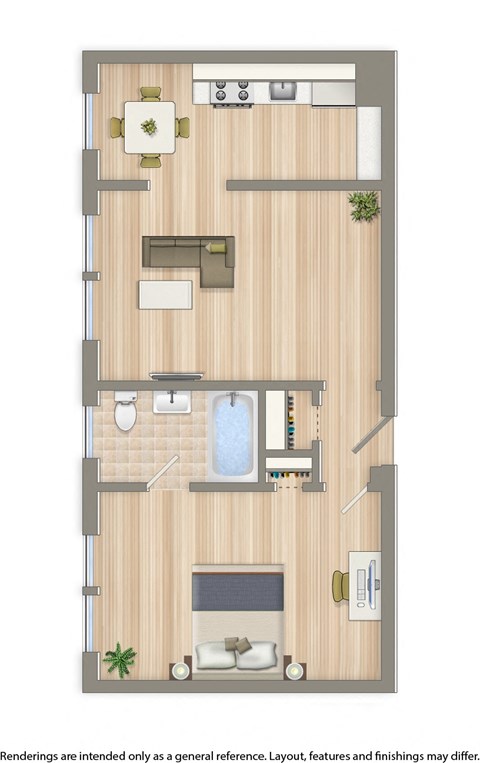 Floor plan for 1 bed, 1 bath, 580 sqft